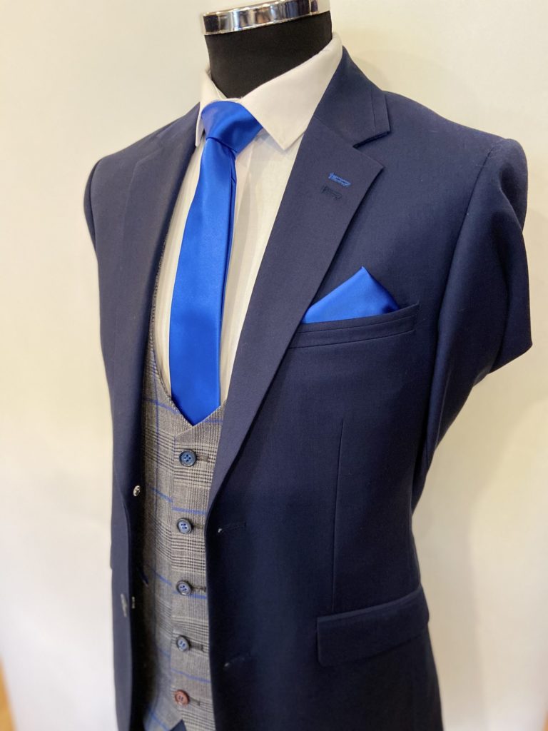 NAVY SUIT WITH A.R. GREY/BLUE CHECK WAISTCOAT Dublin Formal Wear